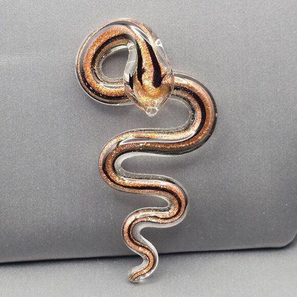Glass Snake Pendant 2.5x1.25" Black w/ Gold Sparkle Sculptural Bail Mythology - Picture 5 of 7